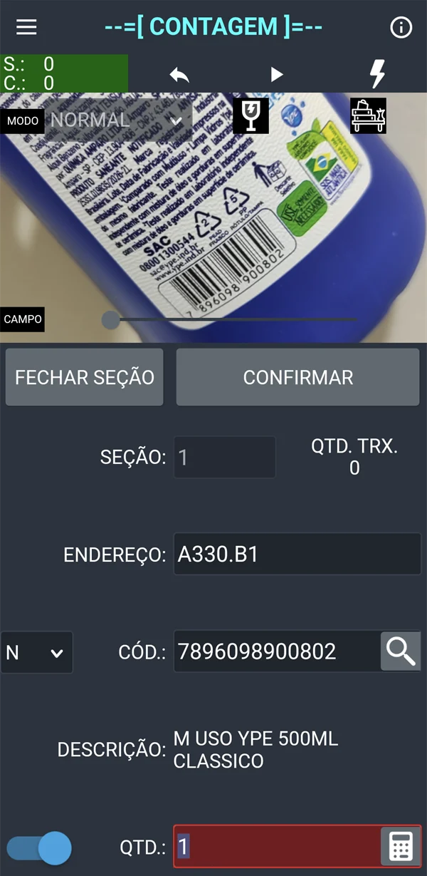 Tela de contagem do beep.ninja no celular: a câmera lê o código de barras do produto e o aplicativo preenche código, descrição e quantidade.